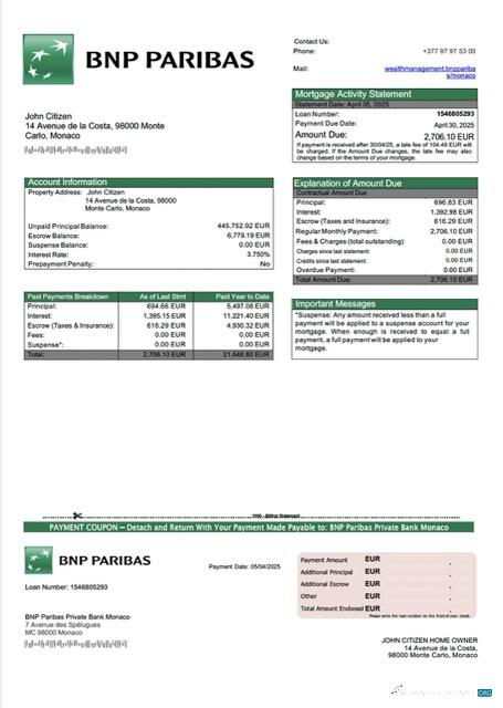 Download Monaco BNP Paribas Private Bank Monaco mortgage statement Word and PDF template Photoshop template